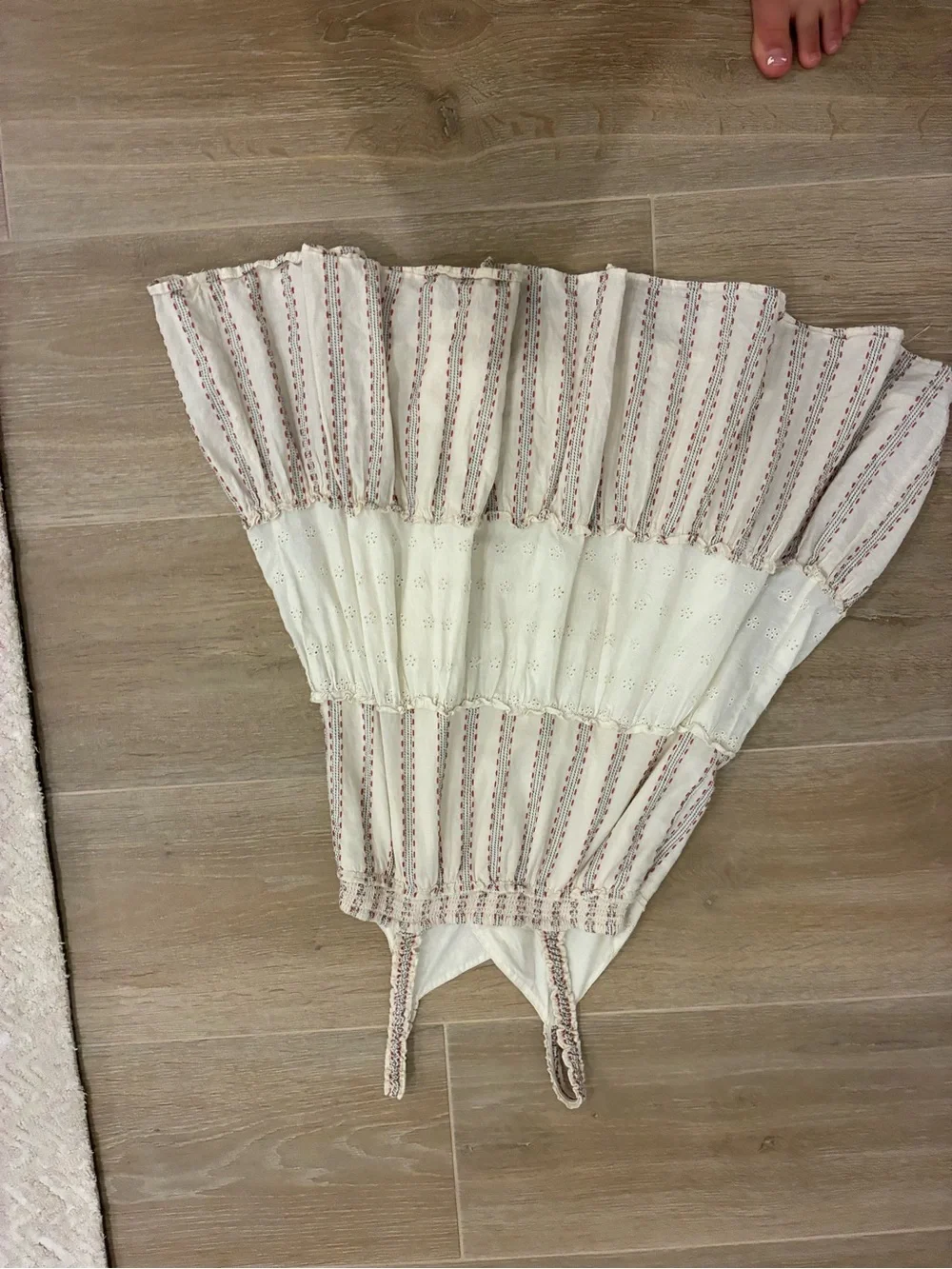 Zara Cream Tiered Eyelet Dress with Red Stripe Accents